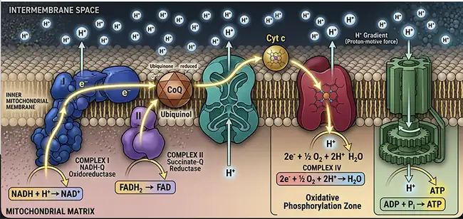 Electron transport chain and oxidative phosphorylation diagram for MCAT biology preparation
